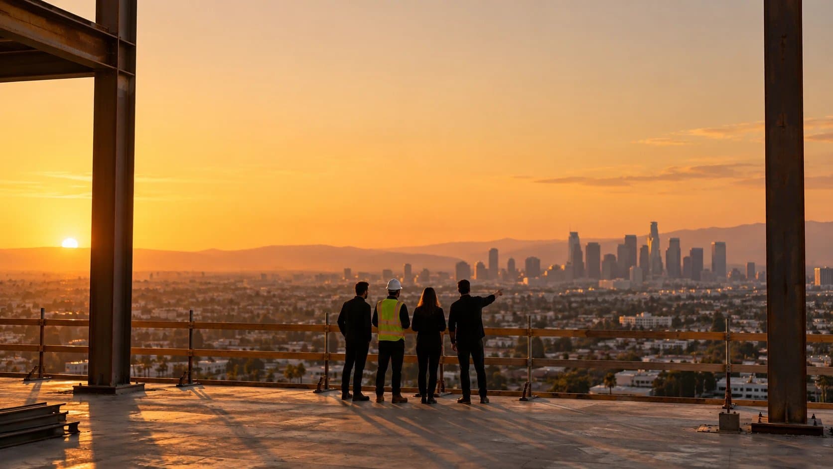 The team at the edge of an open upper floor, looking out over the city at sunset